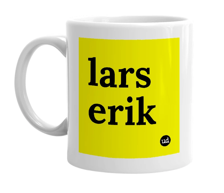 White mug with 'lars erik' in bold black letters