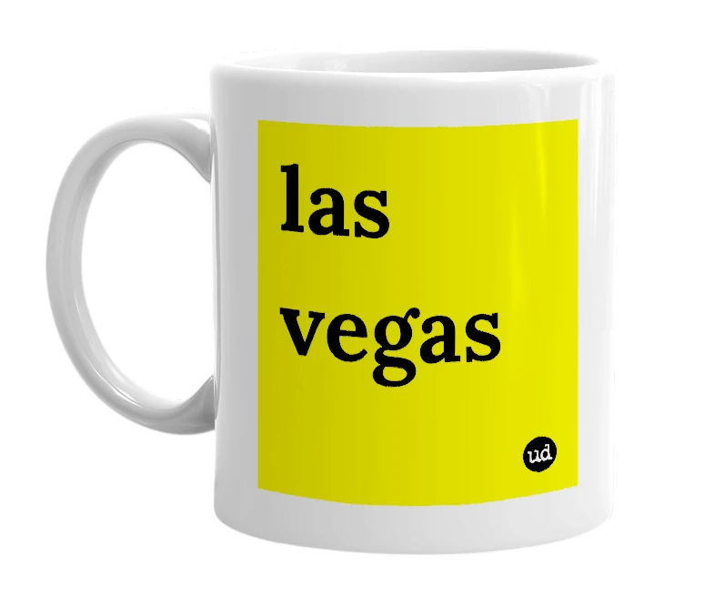 White mug with 'las vegas' in bold black letters