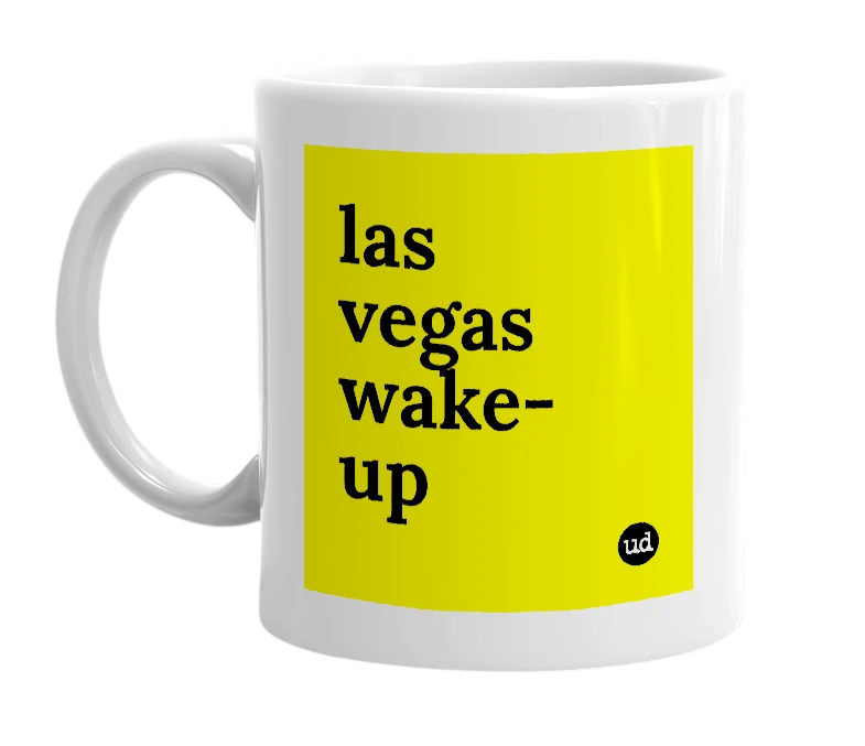 White mug with 'las vegas wake-up' in bold black letters