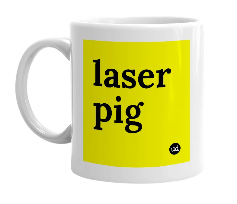 White mug with 'laser pig' in bold black letters