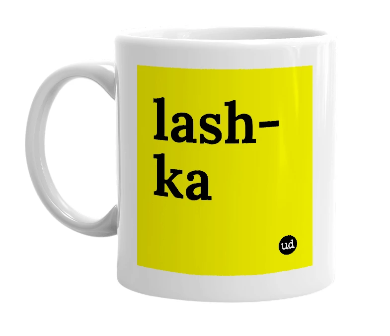 White mug with 'lash-ka' in bold black letters