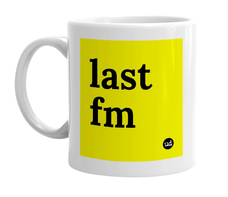 White mug with 'last fm' in bold black letters