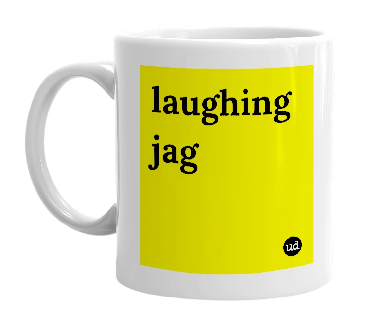 White mug with 'laughing jag' in bold black letters