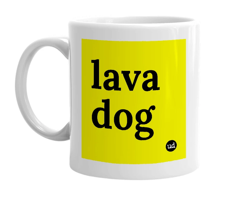 White mug with 'lava dog' in bold black letters