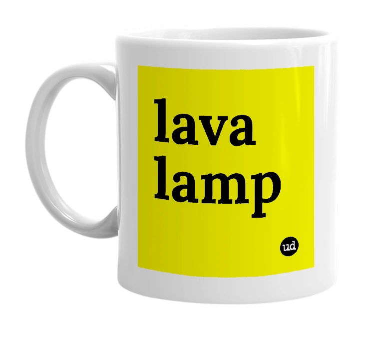 White mug with 'lava lamp' in bold black letters