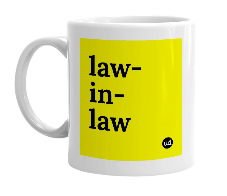 White mug with 'law-in-law' in bold black letters