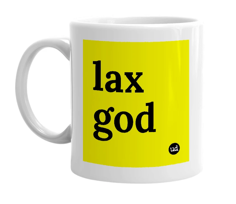 White mug with 'lax god' in bold black letters