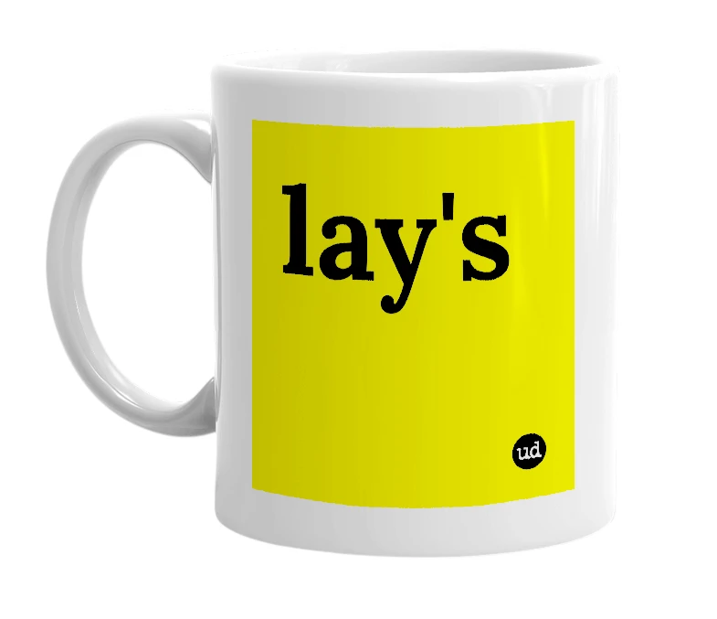 White mug with 'lay's' in bold black letters