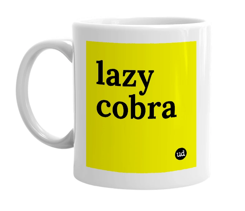 White mug with 'lazy cobra' in bold black letters