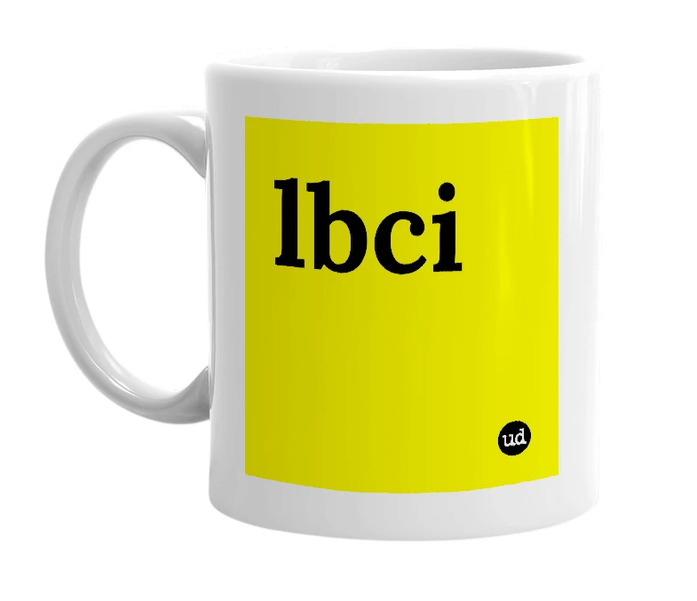 White mug with 'lbci' in bold black letters