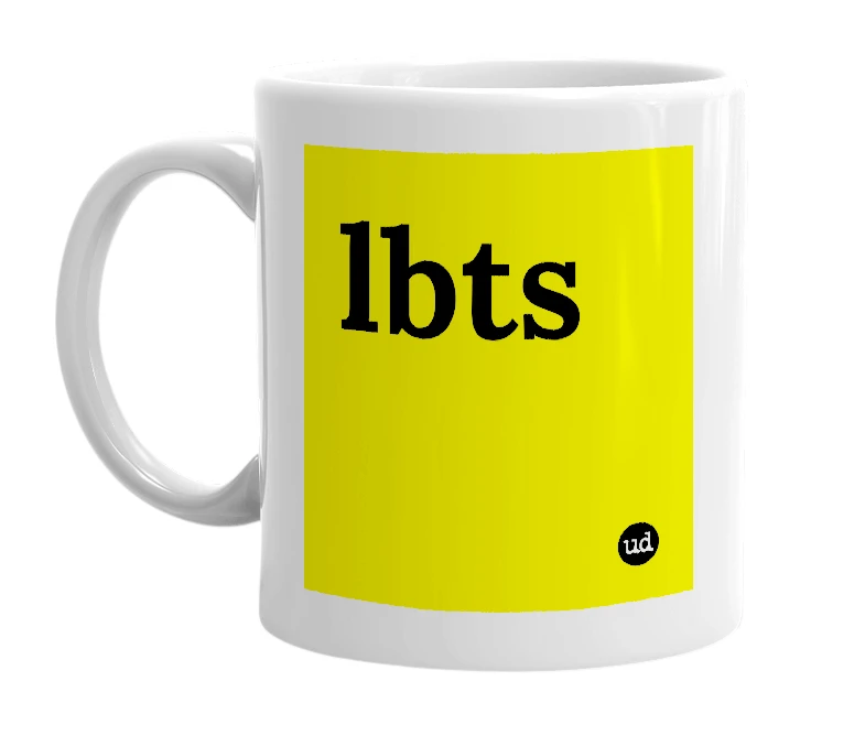 White mug with 'lbts' in bold black letters