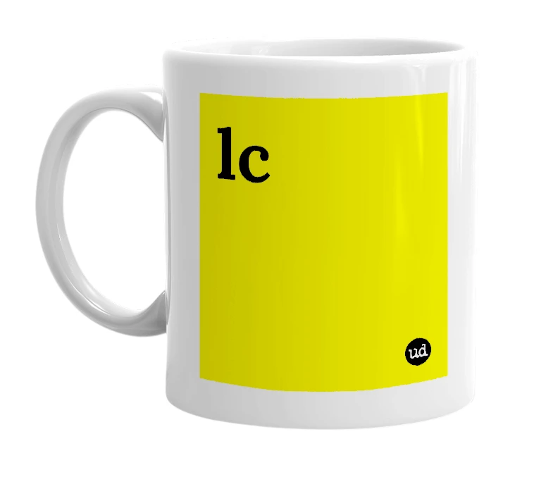 White mug with 'lc' in bold black letters