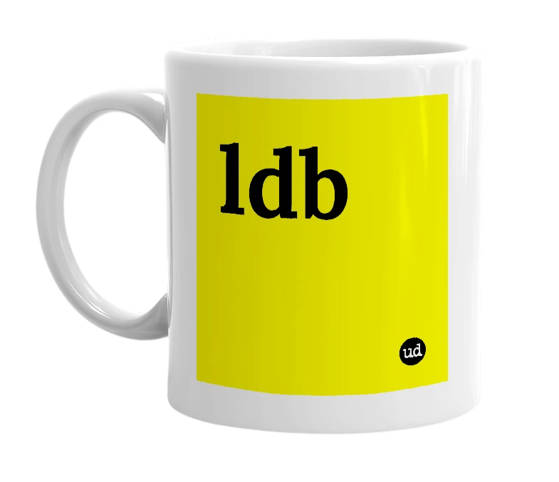 White mug with 'ldb' in bold black letters