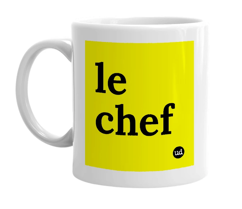 White mug with 'le chef' in bold black letters