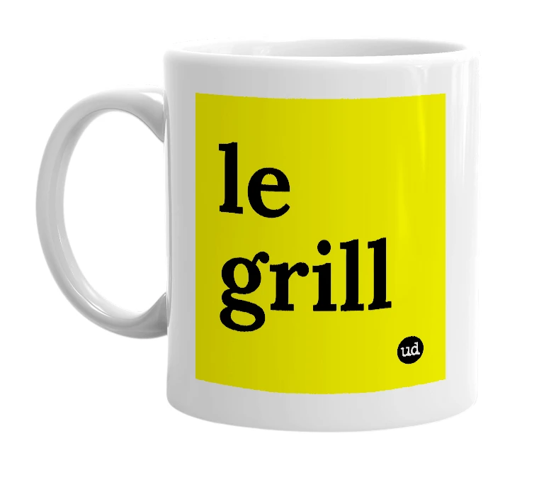 White mug with 'le grill' in bold black letters