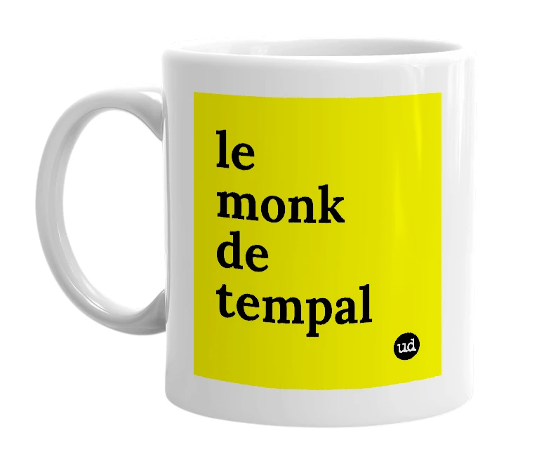 White mug with 'le monk de tempal' in bold black letters