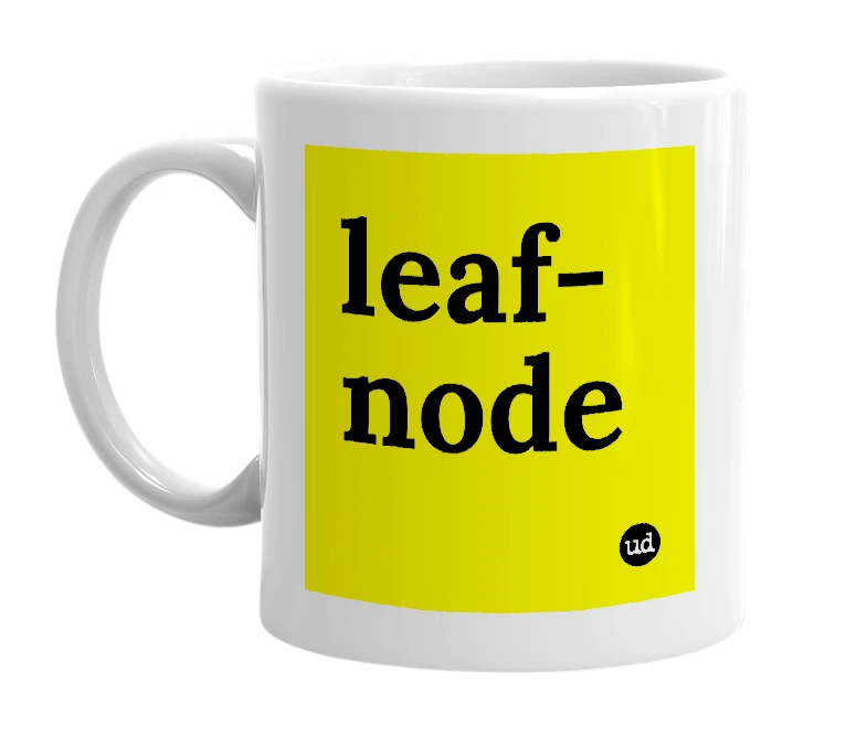 White mug with 'leaf-node' in bold black letters