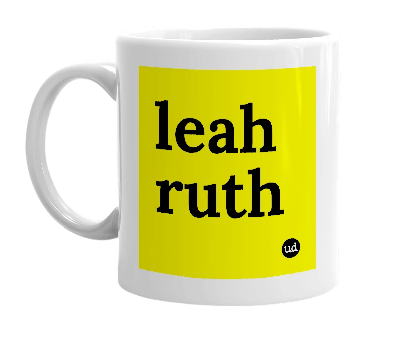 White mug with 'leah ruth' in bold black letters