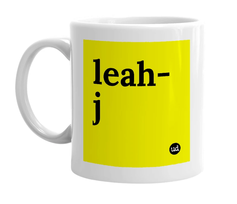 White mug with 'leah-j' in bold black letters