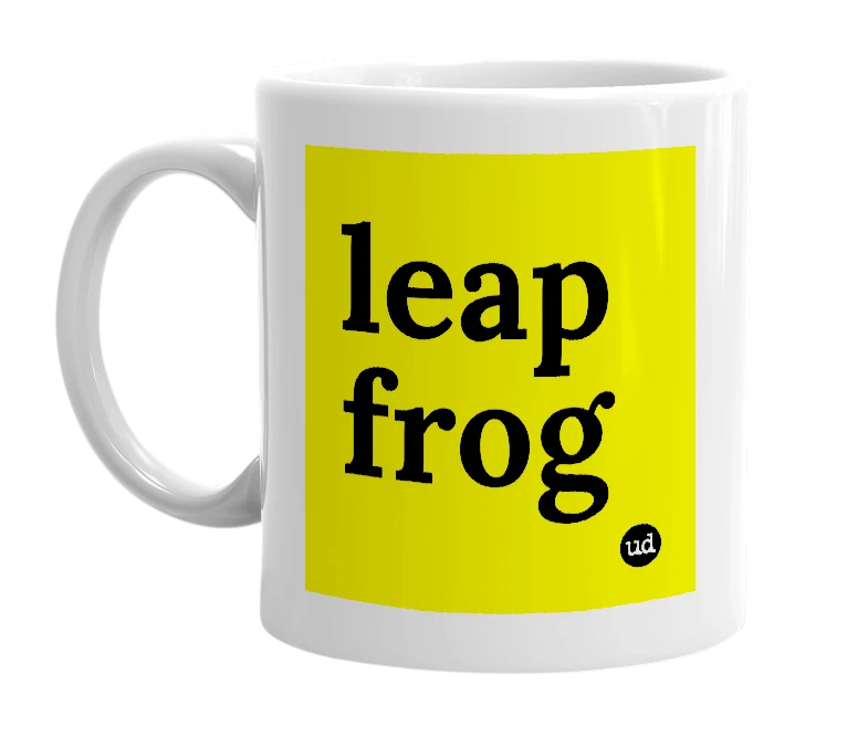 White mug with 'leap frog' in bold black letters