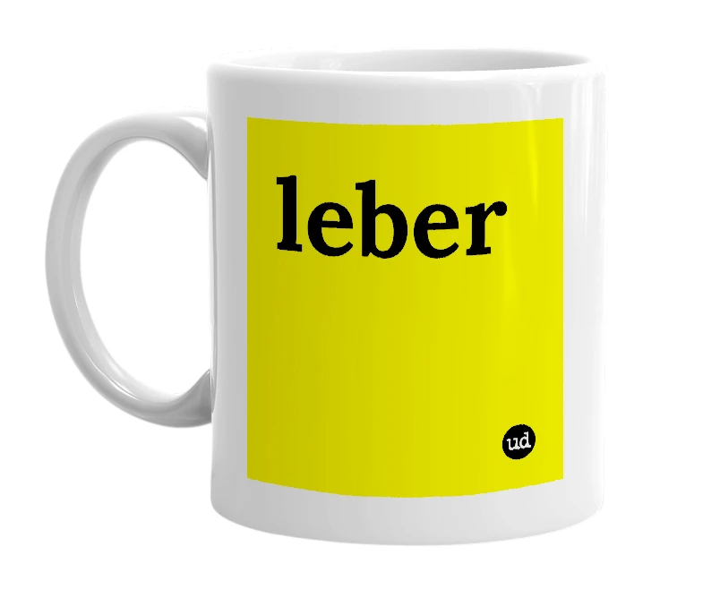 White mug with 'leber' in bold black letters