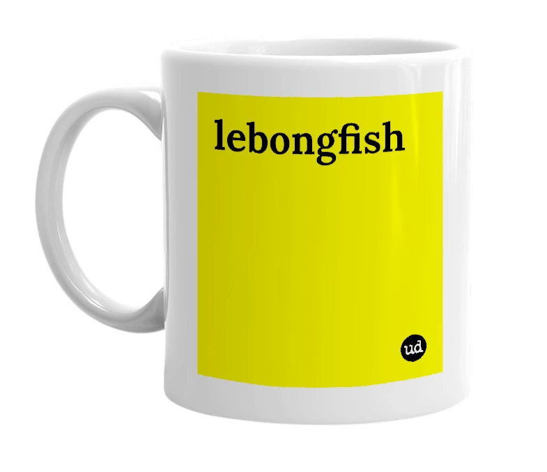 White mug with 'lebongfish' in bold black letters