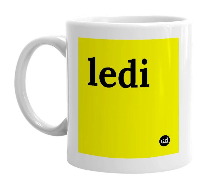 White mug with 'ledi' in bold black letters