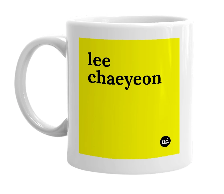 White mug with 'lee chaeyeon' in bold black letters