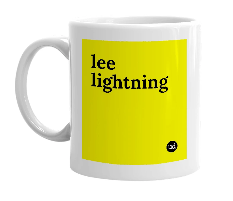 White mug with 'lee lightning' in bold black letters