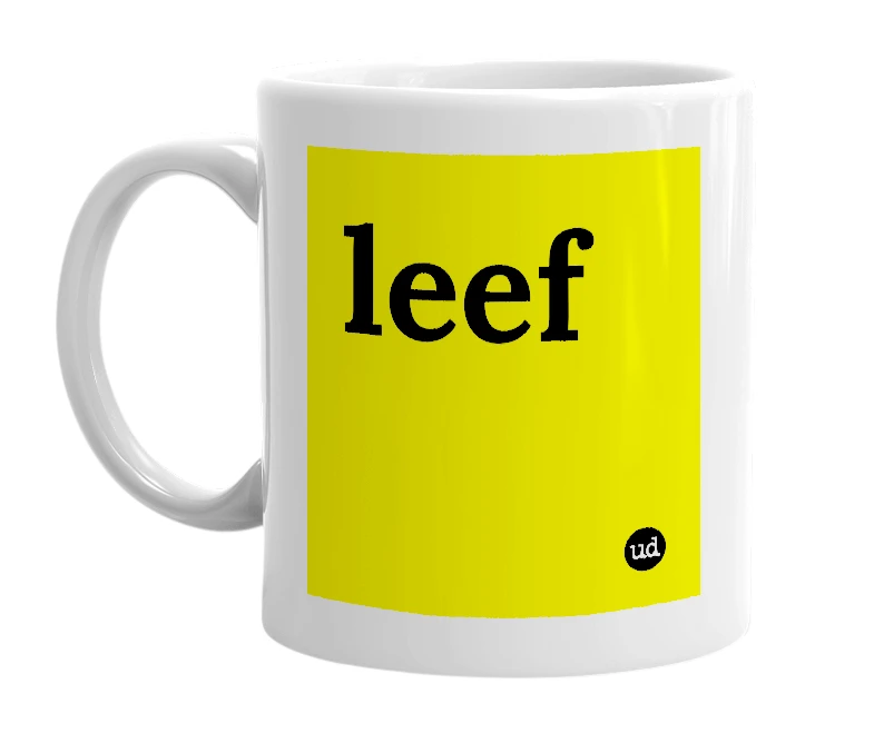 White mug with 'leef' in bold black letters