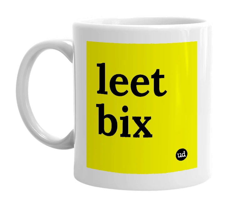 White mug with 'leet bix' in bold black letters