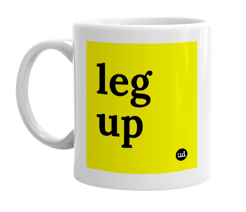 White mug with 'leg up' in bold black letters