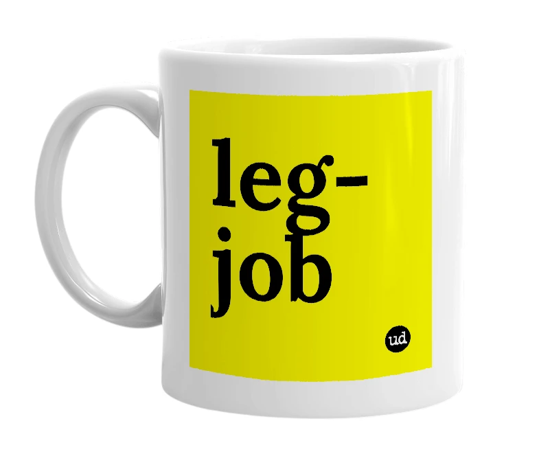 White mug with 'leg-job' in bold black letters