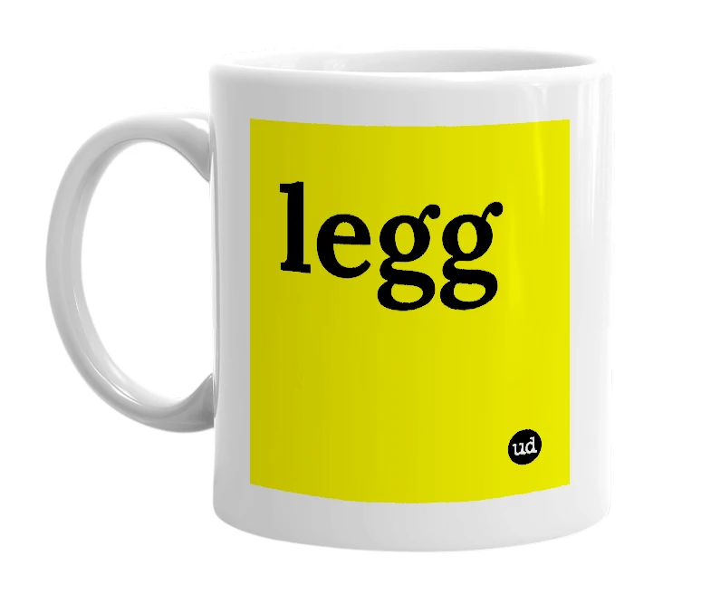 White mug with 'legg' in bold black letters