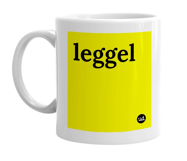 White mug with 'leggel' in bold black letters