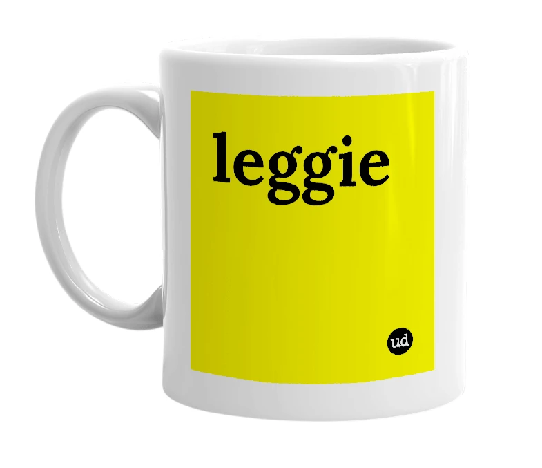 White mug with 'leggie' in bold black letters