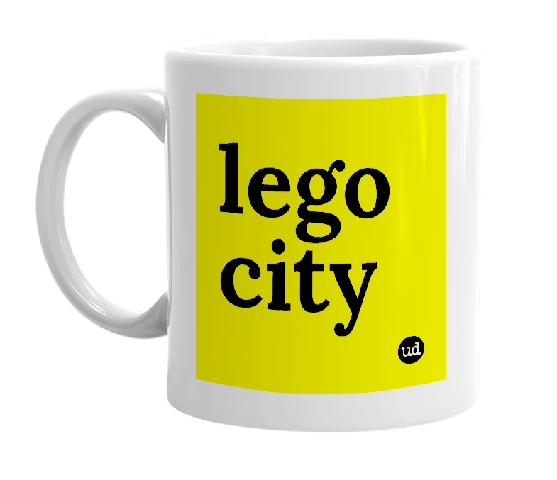 White mug with 'lego city' in bold black letters