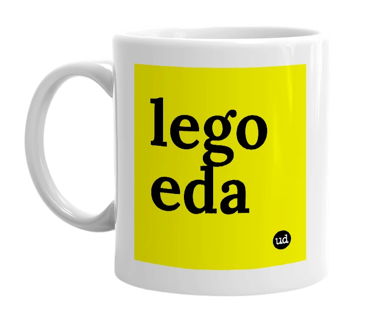 White mug with 'lego eda' in bold black letters