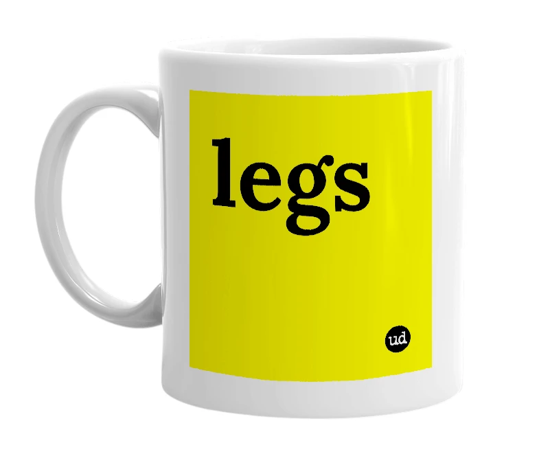 White mug with 'legs' in bold black letters