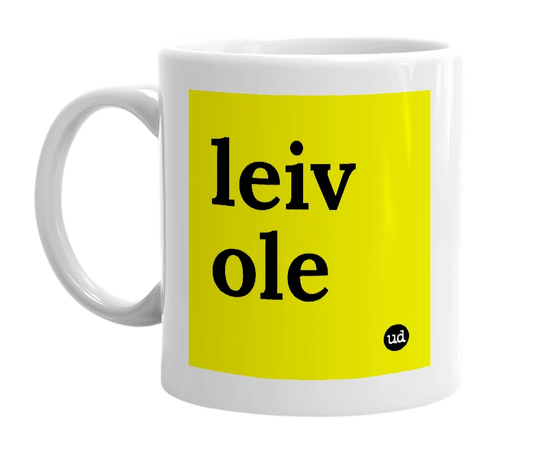 White mug with 'leiv ole' in bold black letters