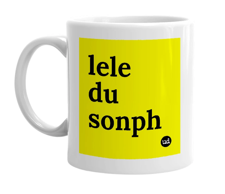 White mug with 'lele du sonph' in bold black letters