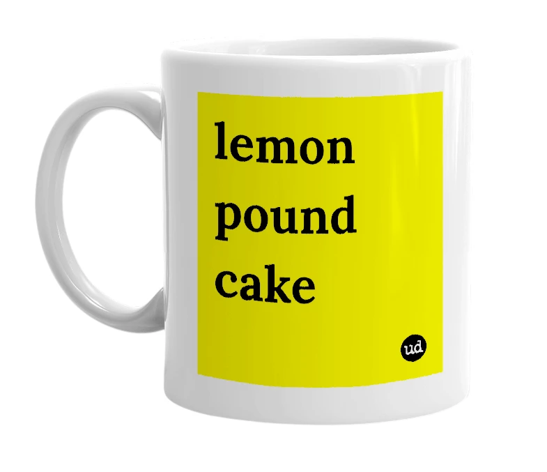 White mug with 'lemon pound cake' in bold black letters