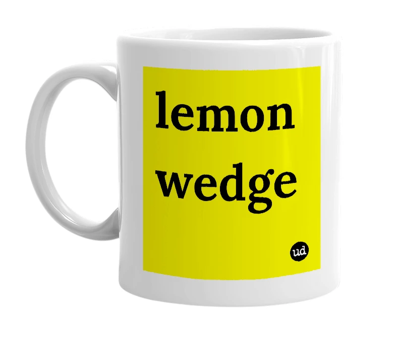 White mug with 'lemon wedge' in bold black letters