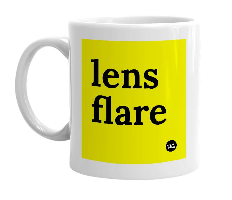 White mug with 'lens flare' in bold black letters