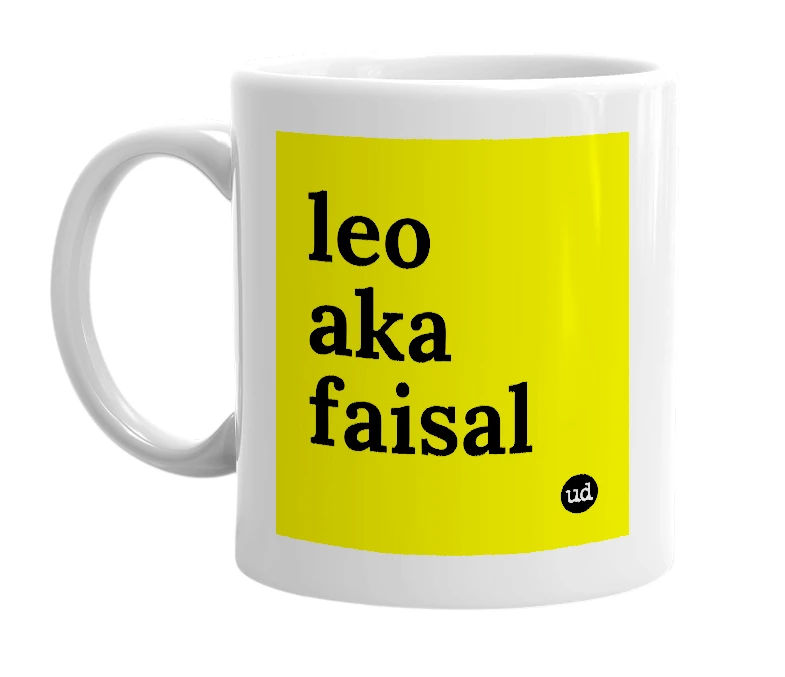 White mug with 'leo aka faisal' in bold black letters