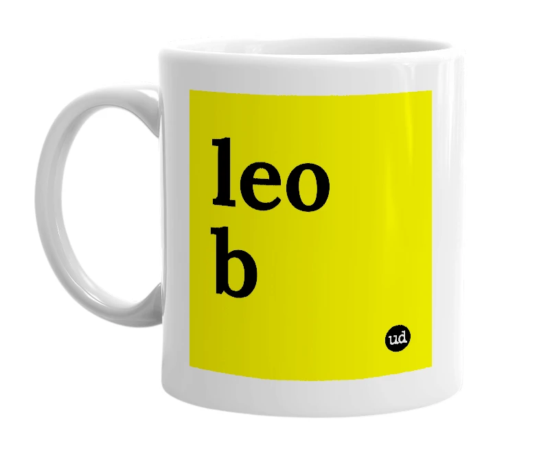 White mug with 'leo b' in bold black letters