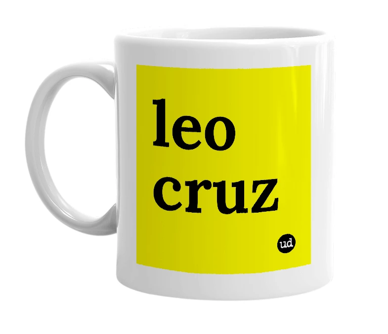 White mug with 'leo cruz' in bold black letters