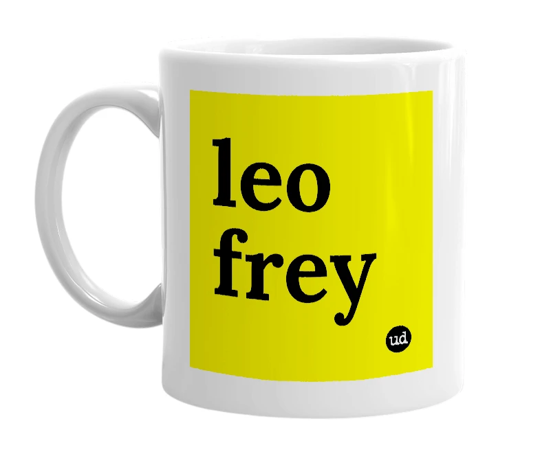 White mug with 'leo frey' in bold black letters