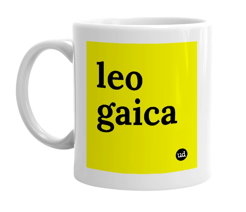 White mug with 'leo gaica' in bold black letters