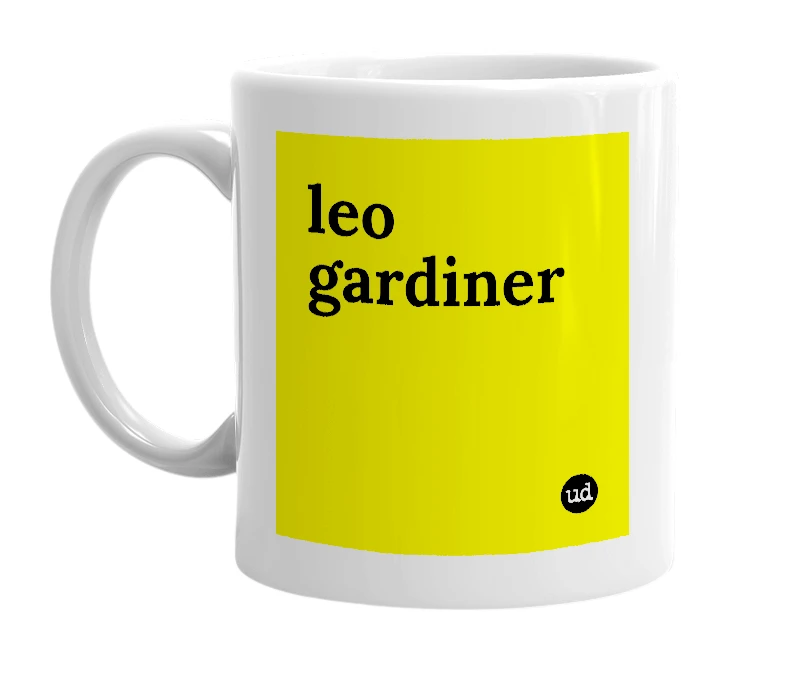 White mug with 'leo gardiner' in bold black letters
